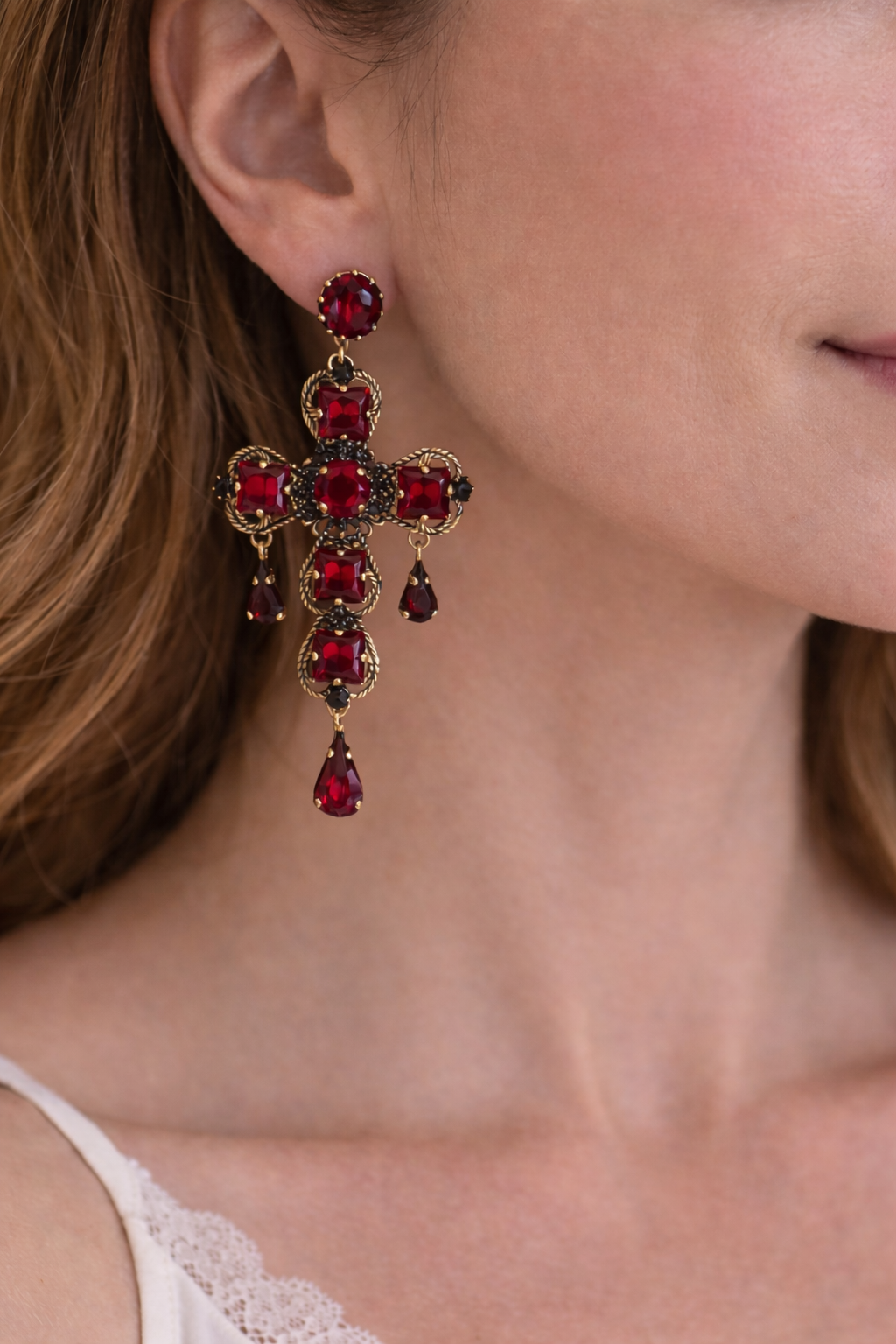 Sacred Cross Earrings – Red Swarovski
