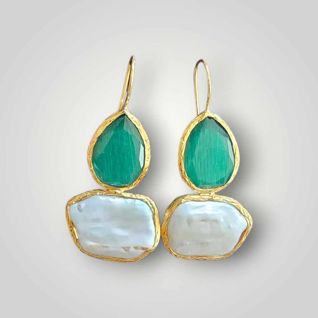 Emeral Green Crystal & Baroque Pearl Drop Earrings