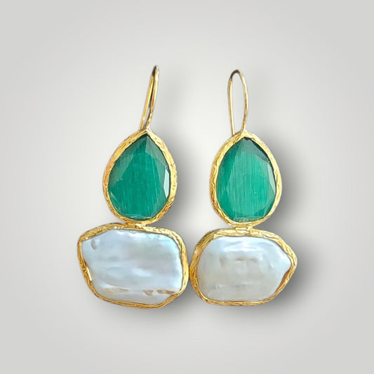 Emeral Green Crystal & Baroque Pearl Drop Earrings