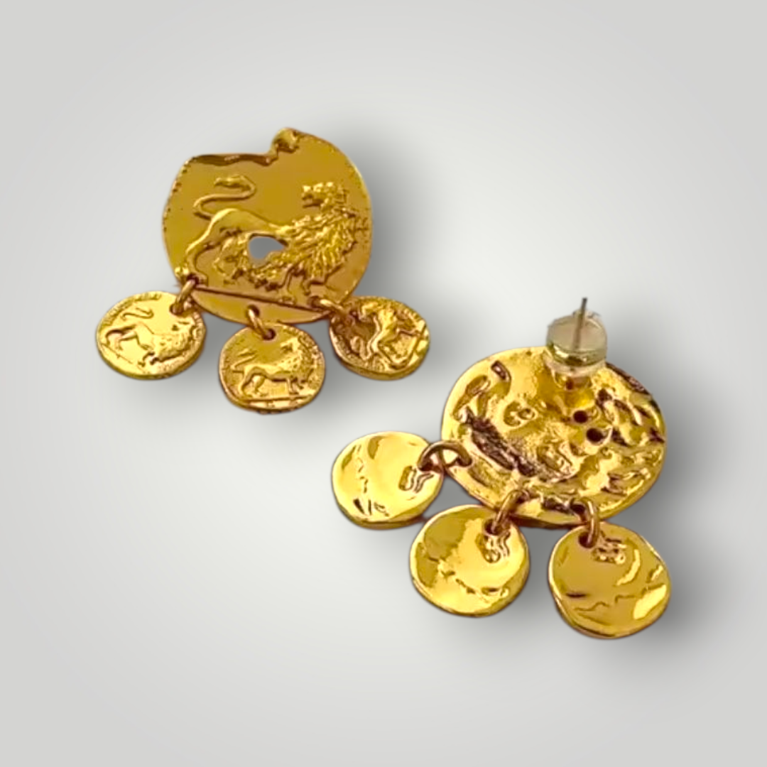 Mythos Lion Coin Drop Earrings - 18ct Gold Plated