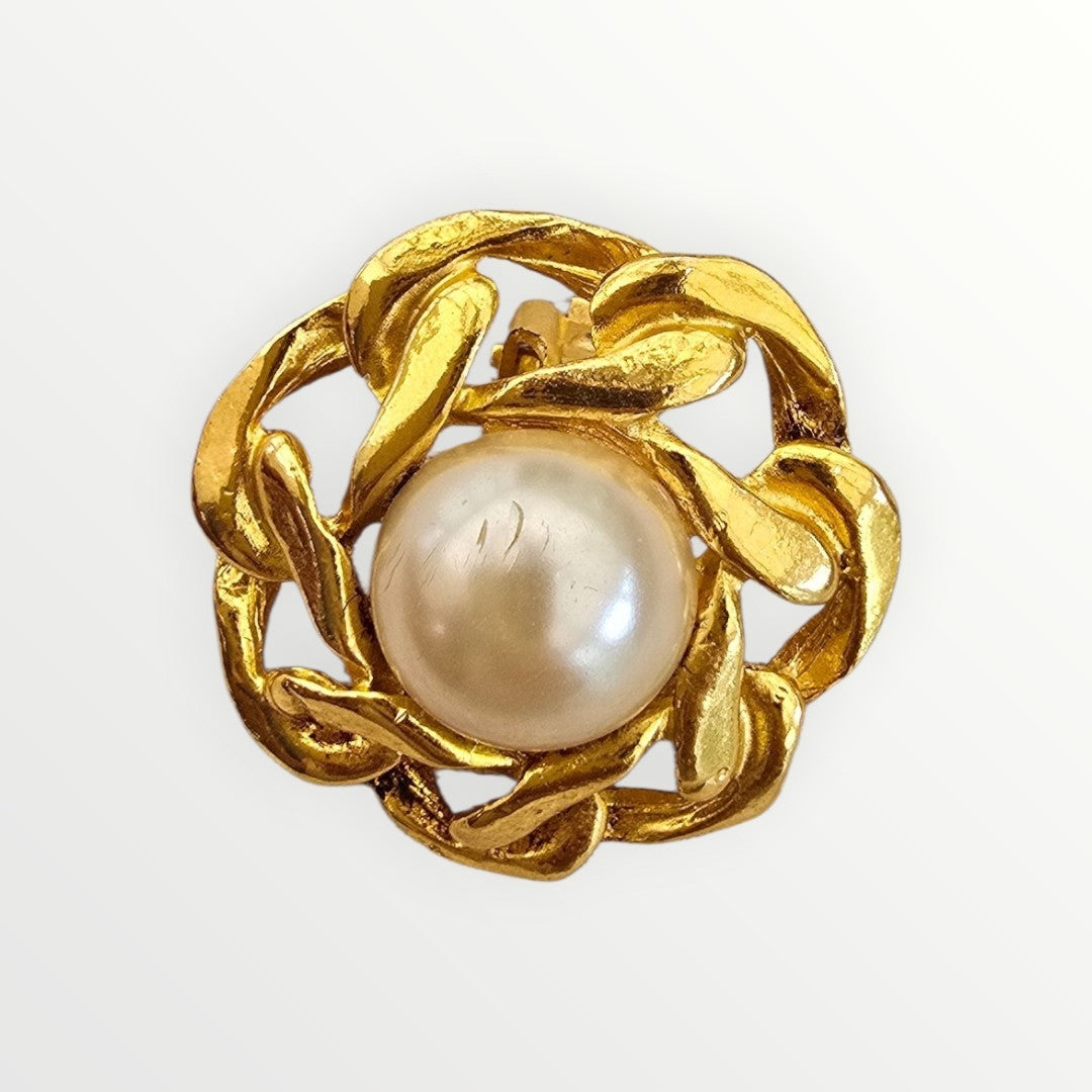 Vintage Gold Tone Pearl Clip-On Earrings | Statement Floral Earrings