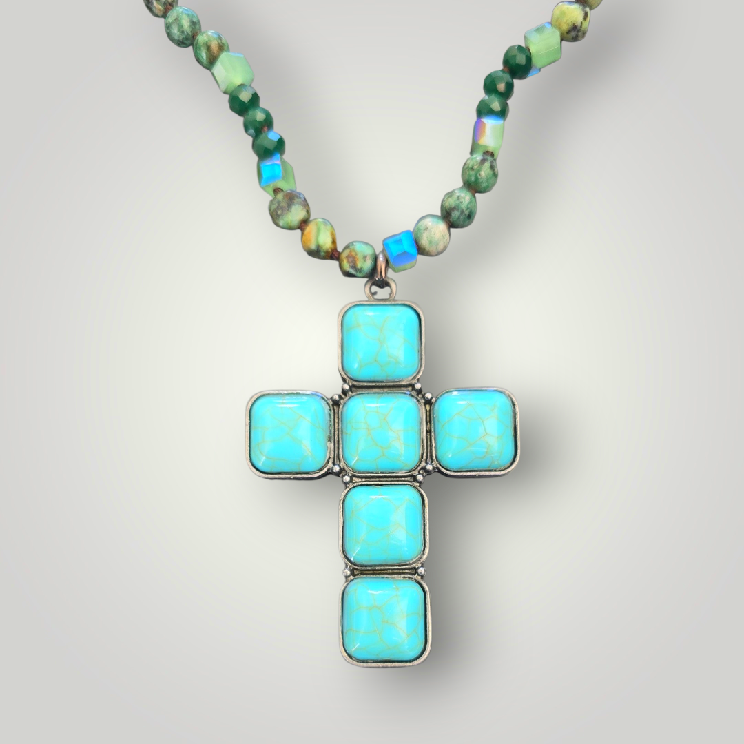 Vintage Turquoise-Style Cross Beaded Necklace