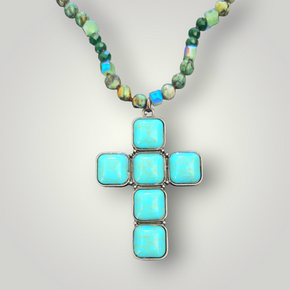 Vintage Turquoise-Style Cross Beaded Necklace