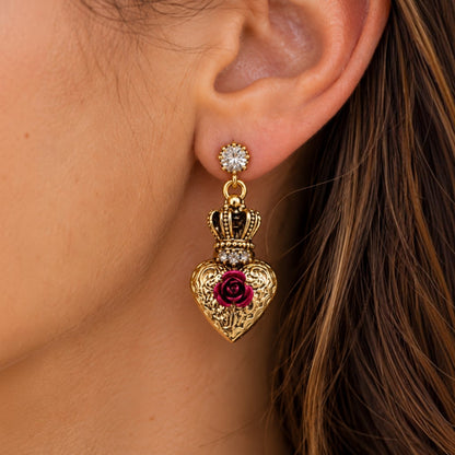Crowned Sacred Heart Earrings with Red Roses
