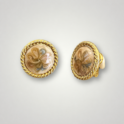 Vintage Marbled Enamel Clip-On Earrings | Gold Tone Round Statement Earrings