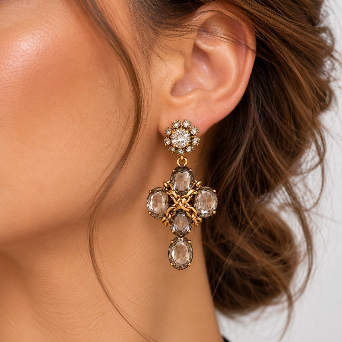 Smoky Crystal Chain Statement Earrings
