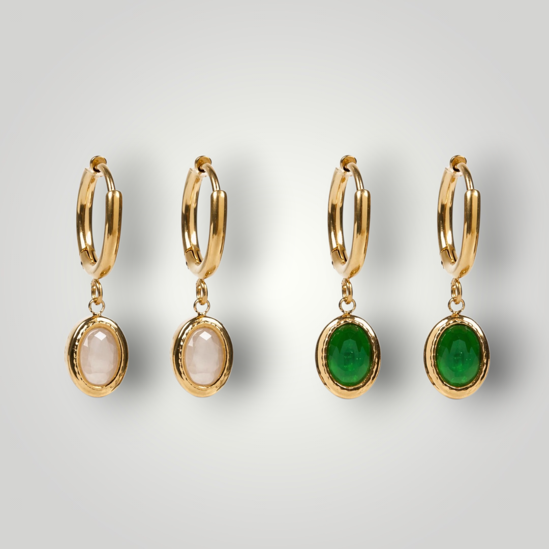 Oval Drop Hoop Earrings – Green / White Stones