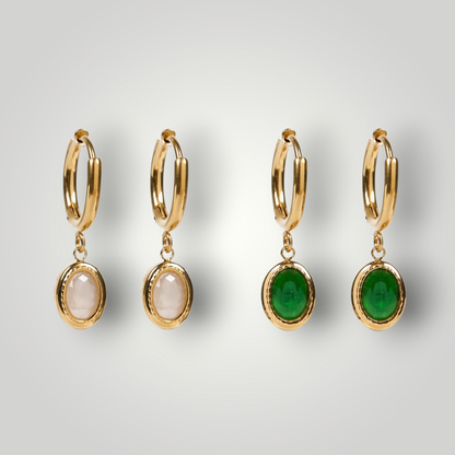 Oval Drop Hoop Earrings – Green / White Stones
