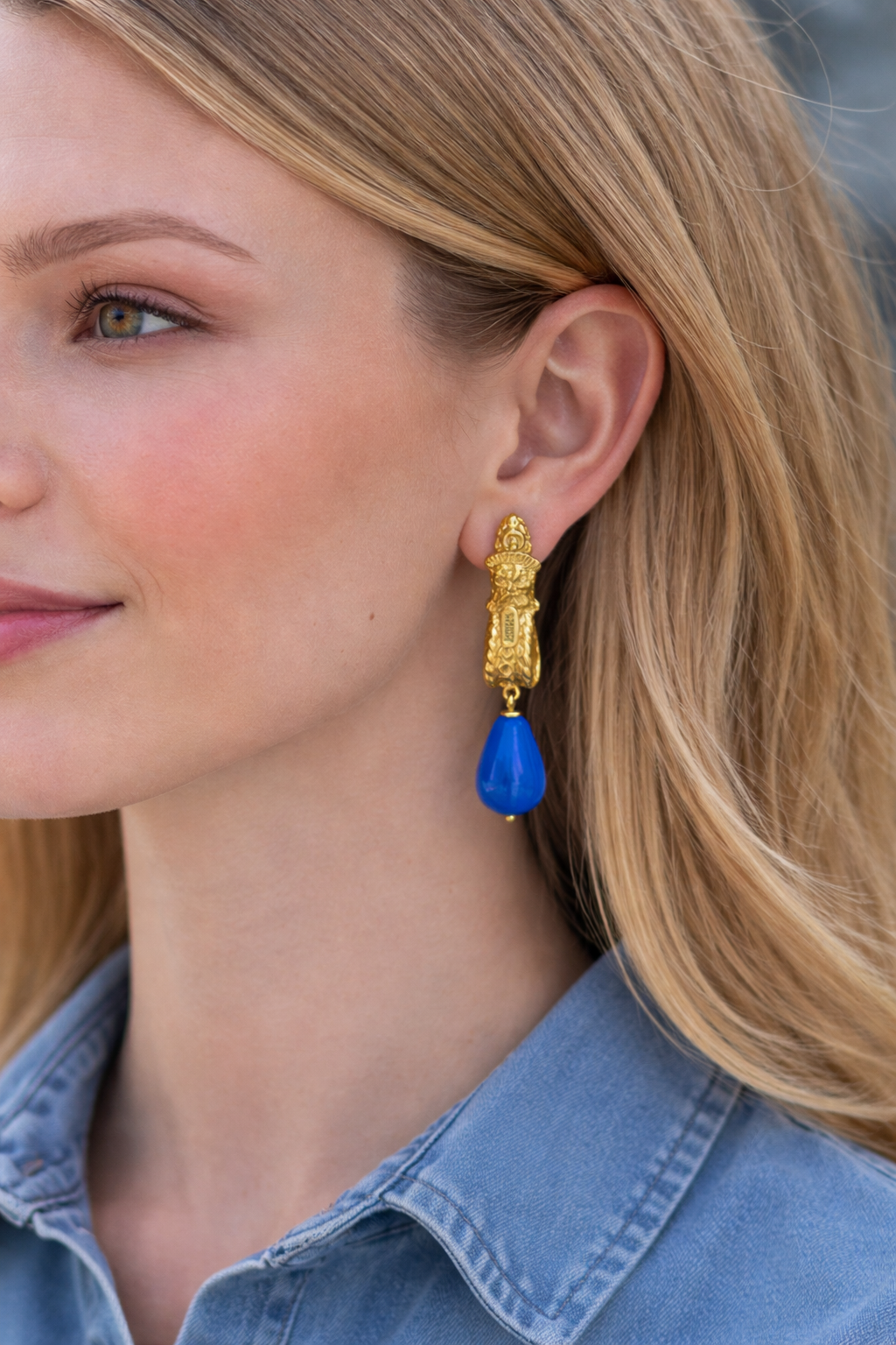 Blue AgateTeardrop Statement Earrings - 24ct Gold Plated