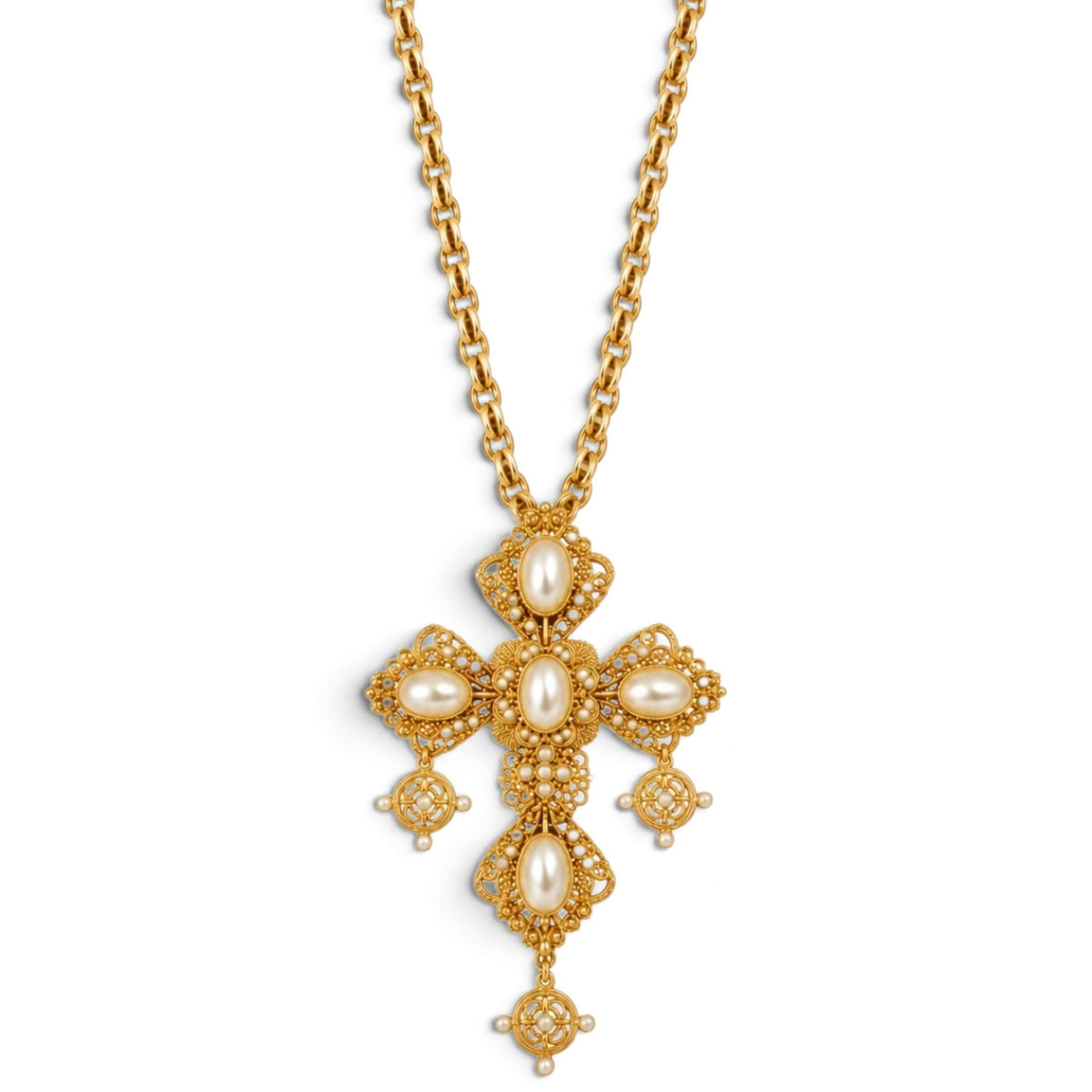 Ornate Pearl Cross Statement Necklace
