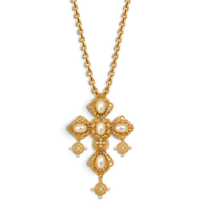 Ornate Pearl Cross Statement Necklace