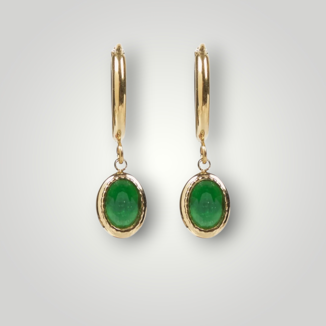 Oval Drop Hoop Earrings – Green / White Stones