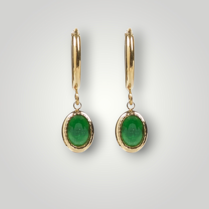 Oval Drop Hoop Earrings – Green / White Stones