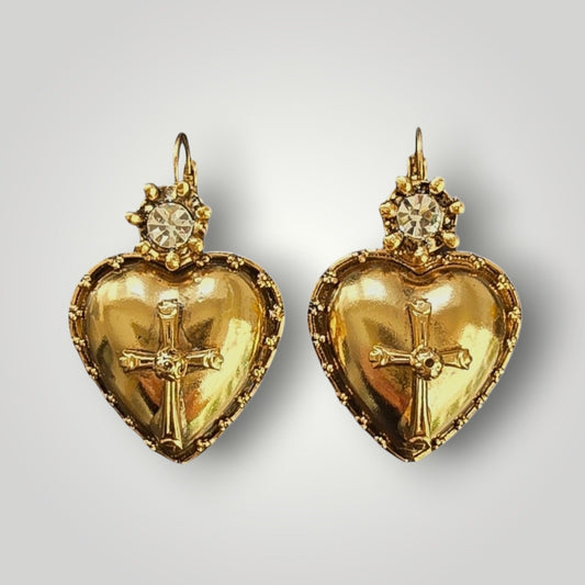 Sacred Heart Crystal Earrings|Gold-Plated Statement Earrings