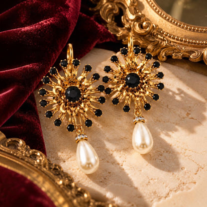 Black Crystal Sunburst & Pearl Drop Earrings