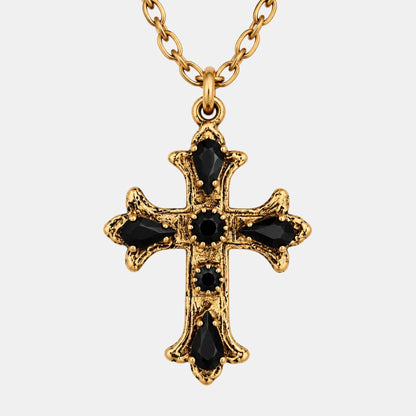 Antique Gold Black Crystal Cross Necklace