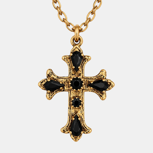 Antique Gold Black Crystal Cross Necklace