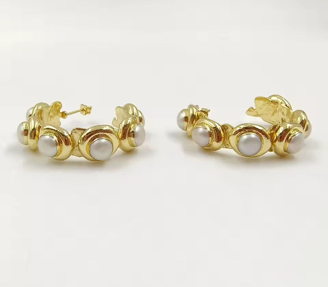 Ophelia Gold Pearl Hoops - 18ct Gold Plated Freshwater Pearls