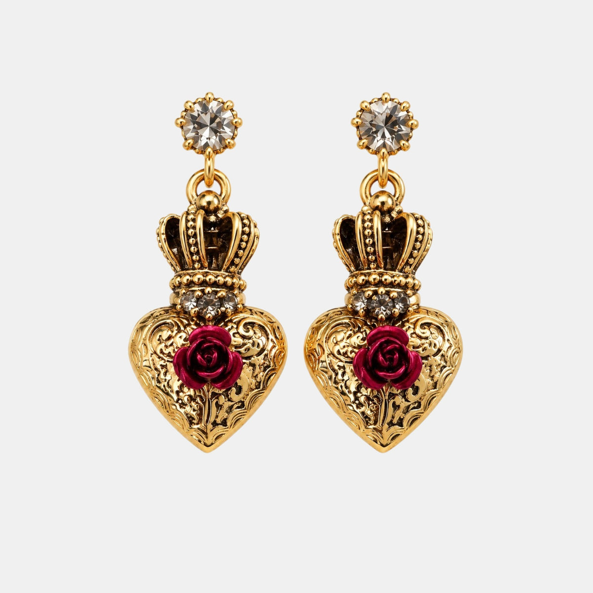 Crowned Sacred Heart Earrings with Red Roses