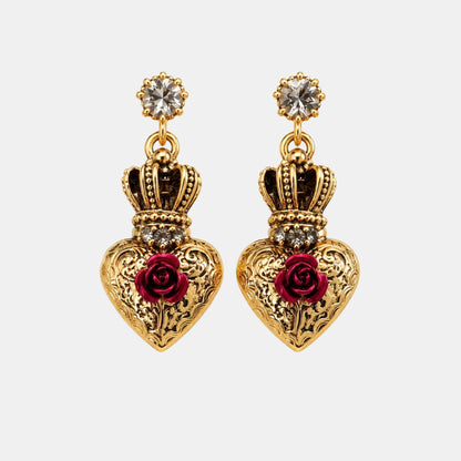 Crowned Sacred Heart Earrings with Red Roses