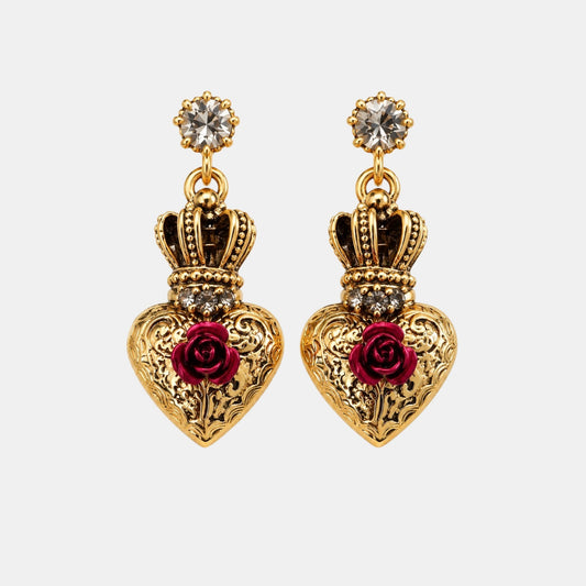 Crowned Sacred Heart Earrings with Red Roses