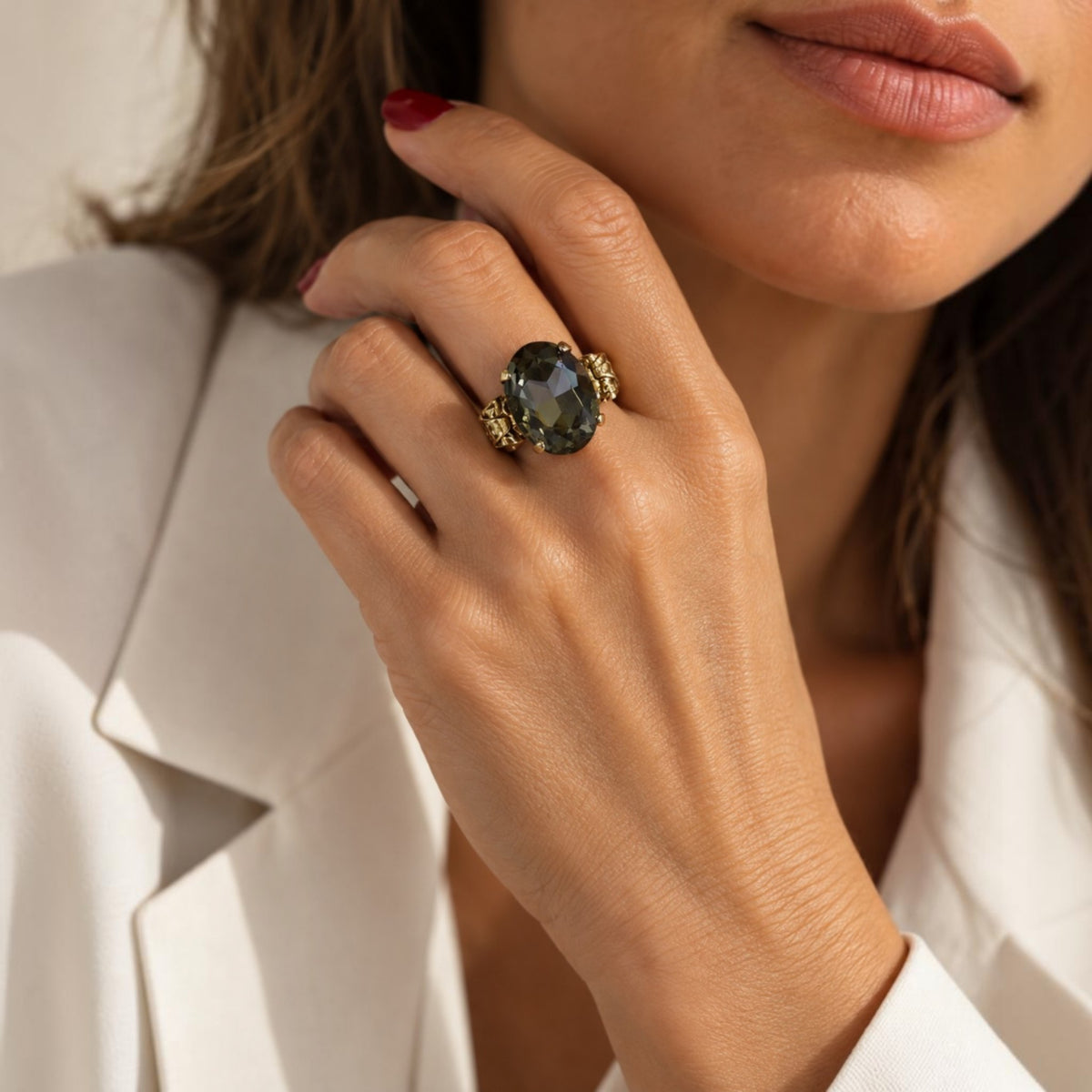 Olive Green Crystal Statement Ring