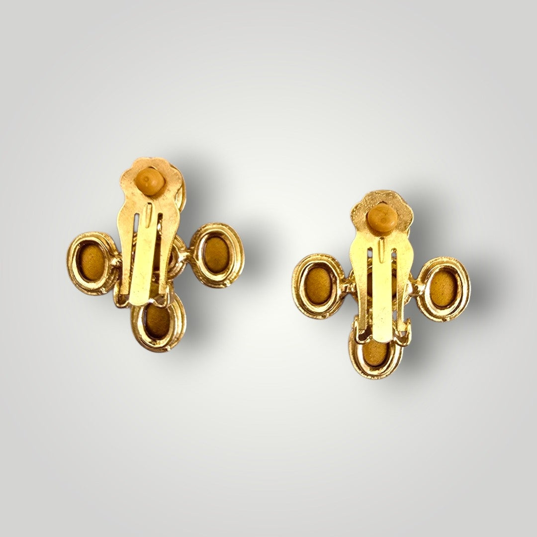 Vintage Christine Valmy Black Cabochon Clip-On Earrings | Gold Tone Statement Earrings