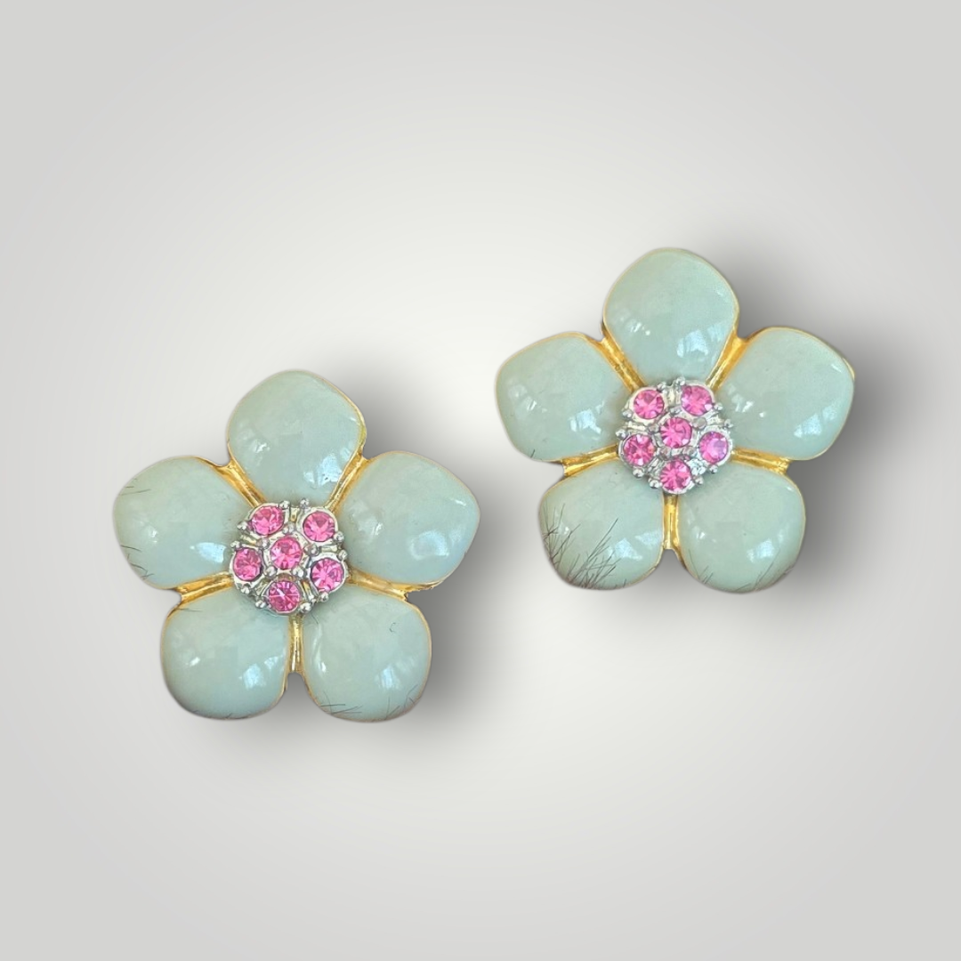 Vintage Mint Blossom Crystal Clip-On Earrings