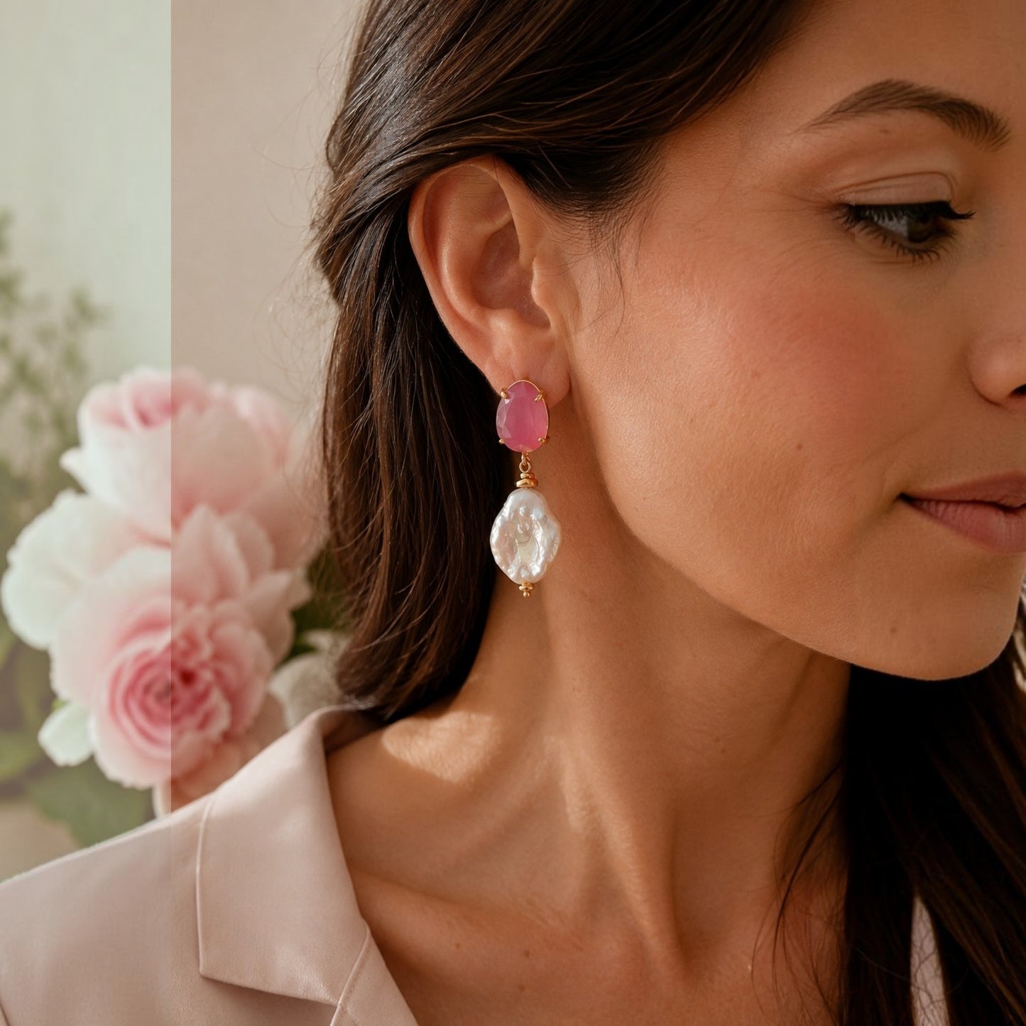 Pink Gemstone & Baroque Pearl Drop Earrings