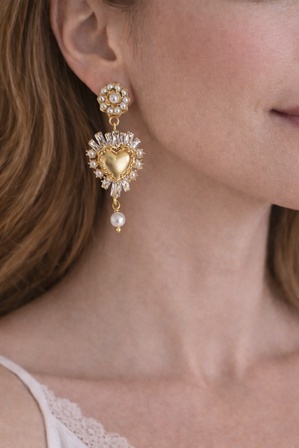 Sacred Pearl Heart Earrings – Crystal & Gold