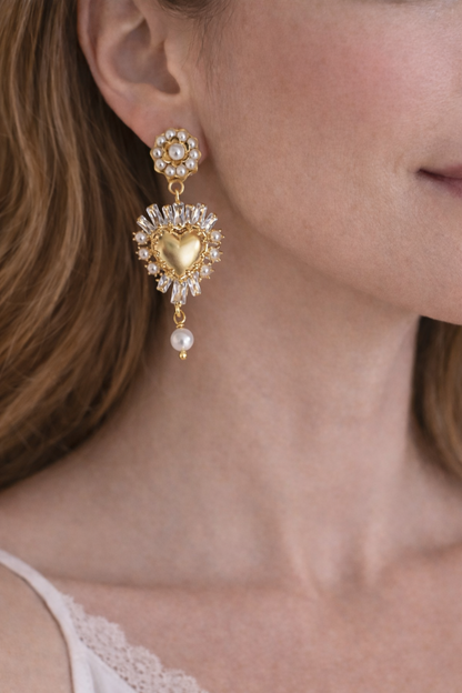Sacred Pearl Heart Earrings – Crystal & Gold