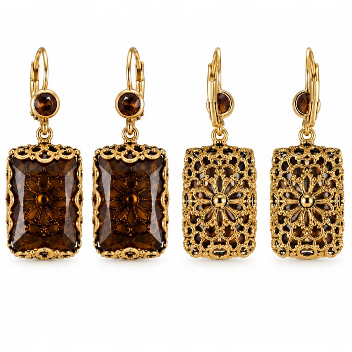 Smoky Brown Crystal Filigree Drop Earrings