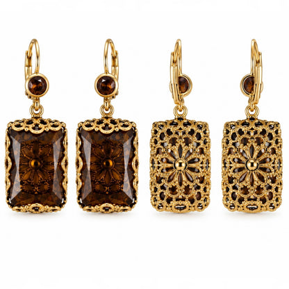 Smoky Brown Crystal Filigree Drop Earrings