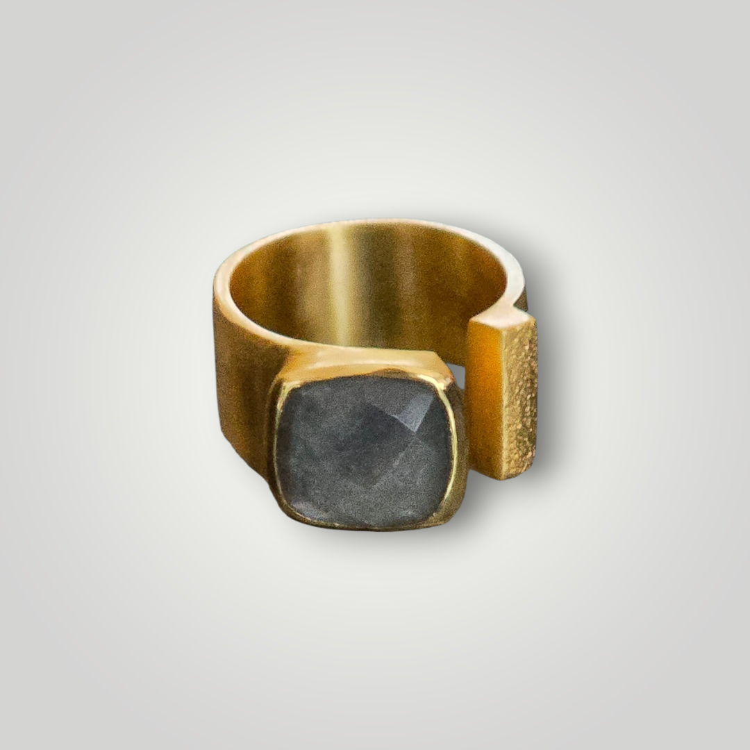 Lunara Adjustable Labradorite Cushion Ring 18K Gold Inlay Statement Band