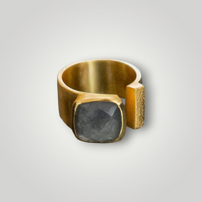 Lunara Adjustable Labradorite Cushion Ring 18K Gold Inlay Statement Band
