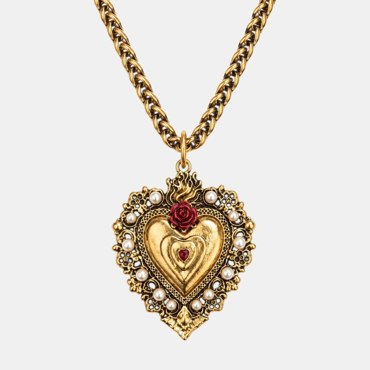 Sacred Heart Red Rose Pearl Necklace