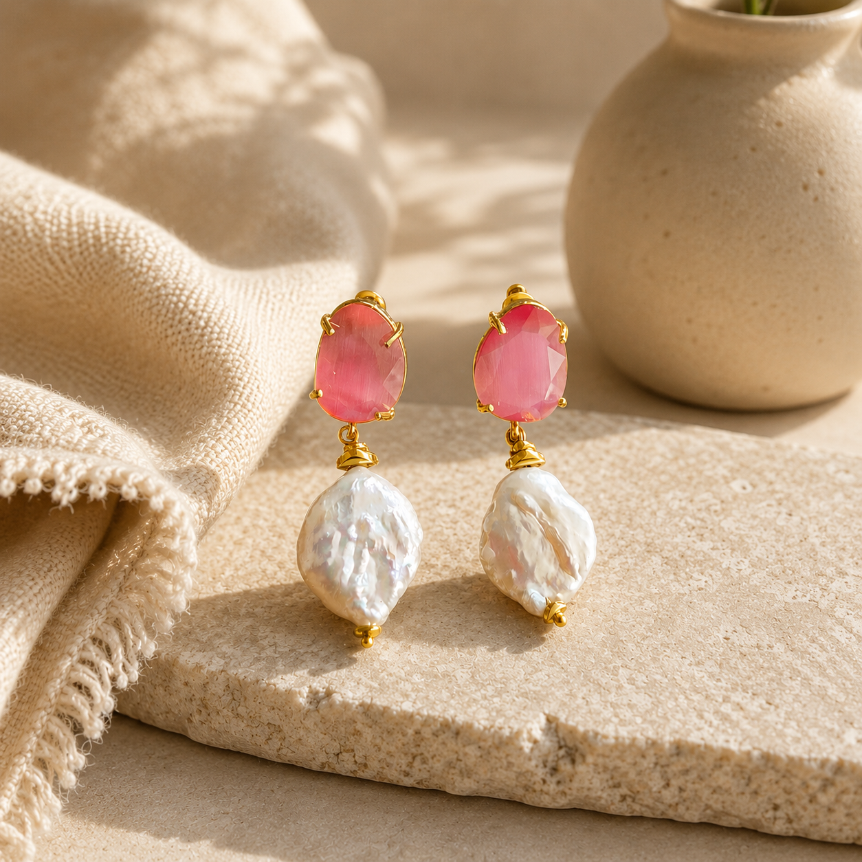 Pink Gemstone & Baroque Pearl Drop Earrings