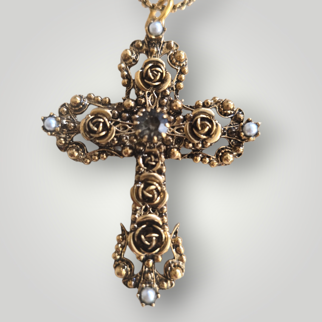 Sacred Art Rosette Cross Necklace - Grey Swarovski