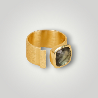 Lunara Adjustable Labradorite Cushion Ring 18K Gold Inlay Statement Band