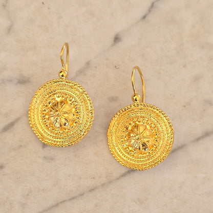 Medallion Drop Earrings -  24ct Gold Plated Brass