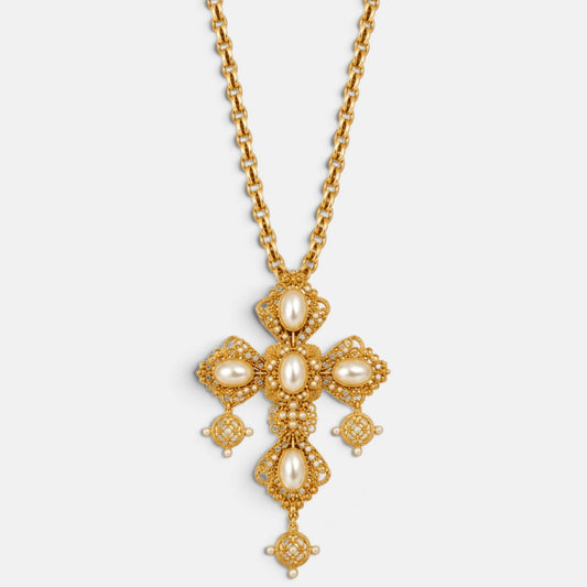 Ornate Pearl Cross Statement Necklace