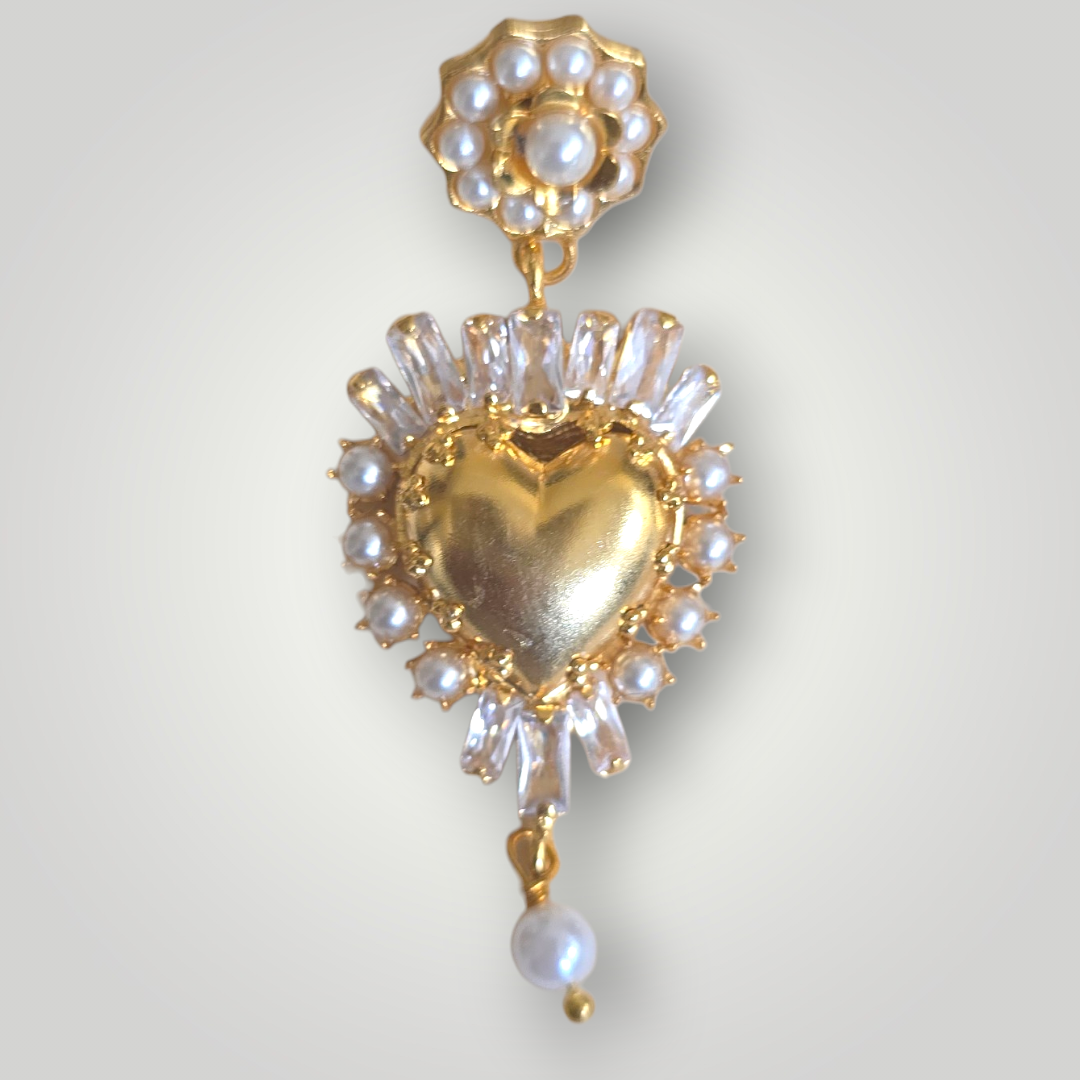 Sacred Pearl Heart Earrings – Crystal & Gold