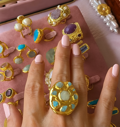 Gaia Bloom Ring - 22ct Gold Plated - Amazonite