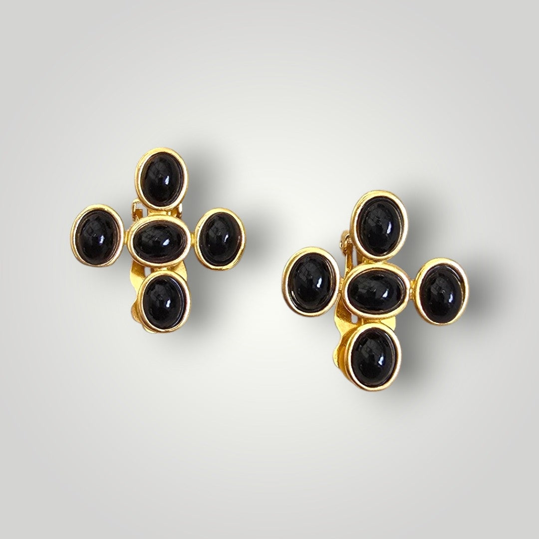 Vintage Christine Valmy Black Cabochon Clip-On Earrings | Gold Tone Statement Earrings