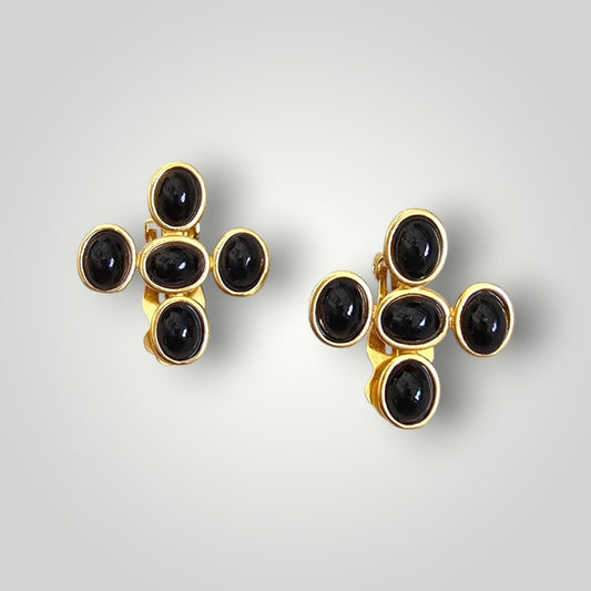 Vintage Christine Valmy Black Cabochon Clip-On Earrings | Gold Tone Statement Earrings