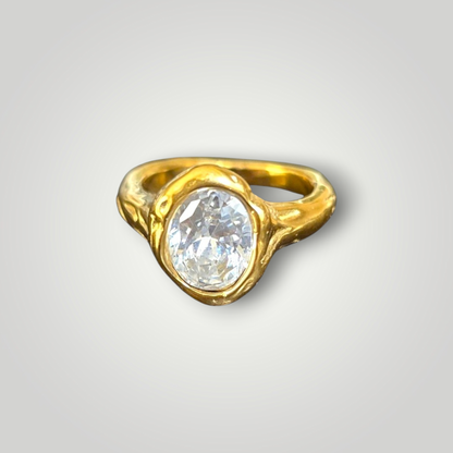 18K Gold Plated Hammered Oval Crystal Ring