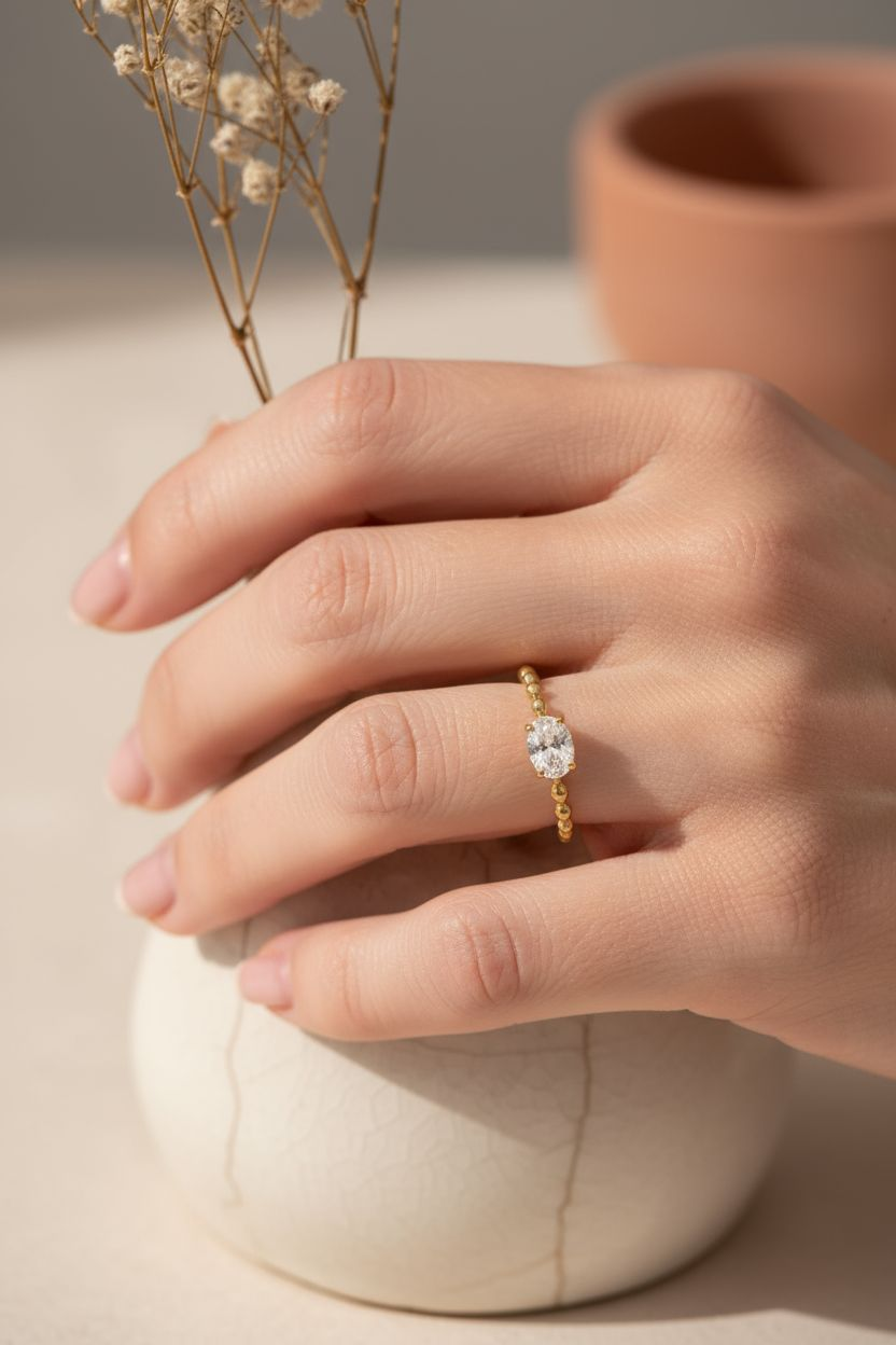 Verona Beaded Oval Ring – 18ct Gold Plated Stainless Steel