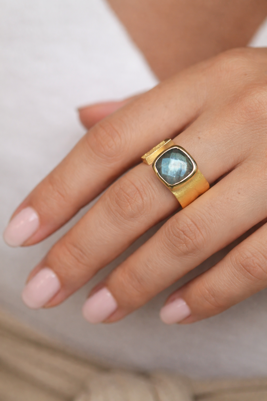 Lunara Adjustable Labradorite Cushion Ring 18K Gold Inlay Statement Band