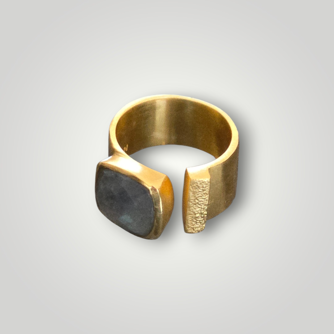 Lunara Adjustable Labradorite Cushion Ring 18K Gold Inlay Statement Band