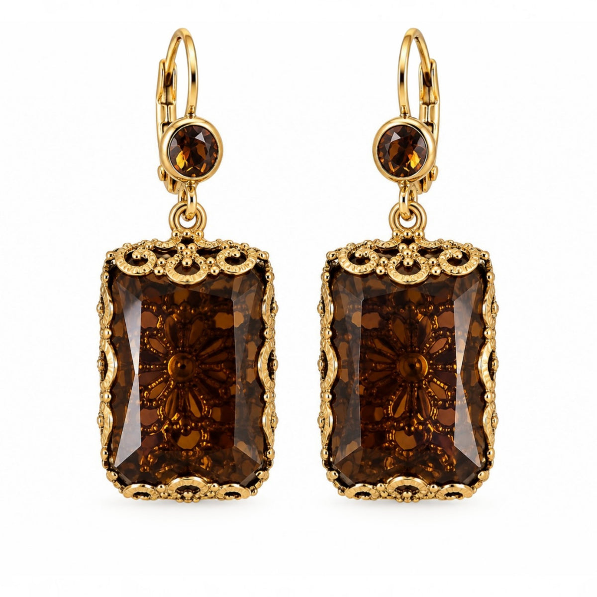 Smoky Brown Crystal Filigree Drop Earrings